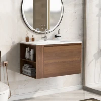 Meuble sous-lavabo suspendu 75,6 cm de longeur, avec lavabo en céramique, tiroirs, design moderne, veinure de bois brun, étanche, Marron(m-1)