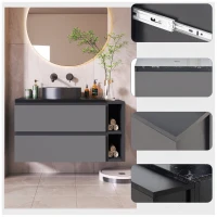 Mobile sospeso per lavabo 80 cm di larghezza, con lavabo in ceramica e cassetti, design moderno, MDF, 80×44×60,5 cm, Nero + Grigio(m-5)