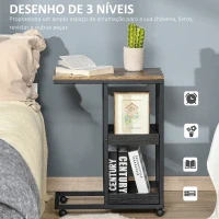 HOMCOM Mesa Auxiliar Industrial em Forma de C com Rodas Prateleiras Abertas e Estrutura de Aço 51x33x66 cm Marrom Escuro e Preto(m-5)