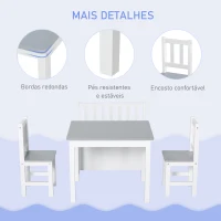 HOMCOM Conjunto Infantil de Mesa 2 Cadeiras e Banco com Armazenamento Móveis Infantil para Sala de Jogos  Branco e Cinza(m-5)