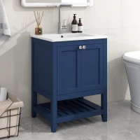 Meuble de salle de bain avec lavabo simple et meuble sous-vasque 61 cm, lavabo en céramique, patins antidérapants, étanche et résistant à l'abrasion, 61×46×90 cm, Bleu Marine(m-1)