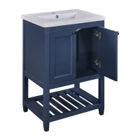 Meuble de salle de bain avec lavabo simple et meuble sous-vasque 61 cm, lavabo en céramique, patins antidérapants, étanche et résistant à l'abrasion, 61×46×90 cm, Bleu Marine(m-2)