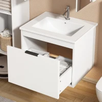 Meuble sous-lavabo suspendu 59 cm de longeur, avec lavabo en céramique et tiroirs, design moderne, 59×46,5×47 cm,Blanc(m-4)