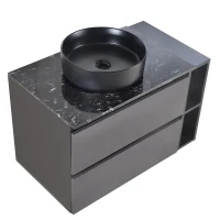 Meuble sous-lavabo suspendu 80 cm de large, avec lavabo en céramique et tiroirs, design moderne, MDF, 80×44×60,5 cm, Noir+Gris(m-10)