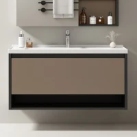 Meuble sous-lavabo suspendu 90 cm de longeur, avec lavabo en céramique et tiroirs, design moderne, grand espace de rangement,Gris(m-1)