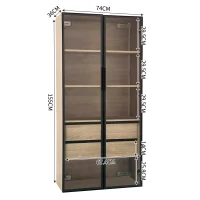 Ensemble de 2 armoires de salle de bain avec éclairage LED, 2 grands tiroirs et 2 portes, verre dépoli, 74×36×155 cm, Naturel(m-3)