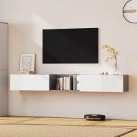 Mobiletto Porta TV Sospeso Extra-Large con 2 Ante e 2 Ripiani Aperti, Sistema Push-to-Open, Supporta TV fino a 90 Pollici, 220x35x30 cm, Bianco(m-5)