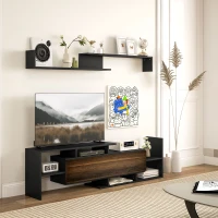 HOMCOM Mobilier TV cu Raft de Perete, Rafturi Deschise și Dulăpior din Lemn, 153,6x25x42 cm, Negru(m-2)
