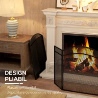 HOMCOM Paravan Anti-Scântei Pliabil cu 3 Panouri pentru Șemineu, Grilaj Metalic, 96x60 cm, Negru(m-5)