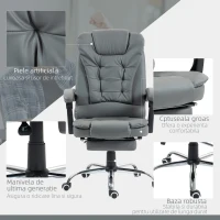 HOMCOM Fotoliu Prezidențial de Birou Rotativ cu Spătar Înalt Reglabil și Suport pentru Picioare, 64,5x69x109-117 cm, Gri(m-7)
