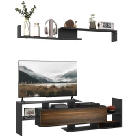 HOMCOM Mobilier TV cu Raft de Perete, Rafturi Deschise și Dulăpior din Lemn, 153,6x25x42 cm, Negru(m-11)