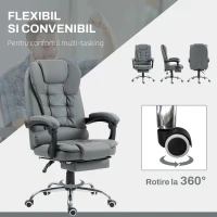 HOMCOM Fotoliu Prezidențial de Birou Rotativ cu Spătar Înalt Reglabil și Suport pentru Picioare, 64,5x69x109-117 cm, Gri(m-6)