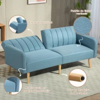 HOMCOM Sofá Cama de 2 Lugares com Encosto Ajustável em 3 Posições Apoio para os Braços e Pés de Madeira 173x75x73 cm Azul Claro(m-6)
