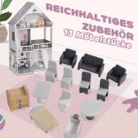 AIYAPLAY Houten Poppenhuis met 13 Meubelstukken en Accessoires, 3-Verdiepingen Speelhuis voor Kinderen van 3-6 Jaar(m-5)