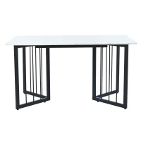 Masă de prânz modernă dreptunghiulară, cu blat din MDF cu efect de marmură și picioare din metal în formă de V, Alb+Negru(m-10)