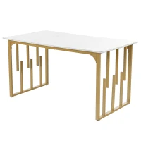 Masă de prânz modernă dreptunghiulară, cu blat din MDF cu model de marmură, 140x80x75 cm, Alb+Auriu(m-7)