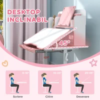 AIYAPLAY Set Birou pentru Copii 3-12 Ani Reglabil pe Înălțime și Blat Înclinabil la 45°, 80x55x107.5 cm, Culoare Roz(m-4)