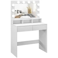 HOMCOM Kaptafel met Verlichte Spiegel, Laden, 3 Lichtopties, 10 Lampen, Hedendaagse Witte Make-uptafel(m-10)