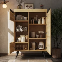 Credenza moderna con ante in vetro, ideali per Soggiorno e cucina, Colore Naturalea(m-4)