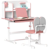 AIYAPLAY Set Birou pentru Copii 3-12 Ani Reglabil pe Înălțime și Blat Înclinabil la 45°, 80x55x107.5 cm, Culoare Roz(m-1)