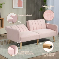 HOMCOM Sofá Cama de 2 Lugares com Encosto Ajustável em 3 Posições Apoio para os Braços e Pés de Madeira 173x75x73 cm Rosa(m-6)
