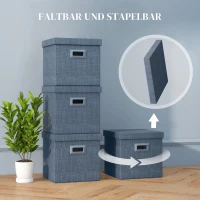 HOMCOM Opbergdozenset, Afneembaar Deksel, Handvatten, Opvouwbaar, Stapelbaar, Linnen-Look, Blauw(m-4)
