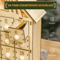 HOMCOM Adventskalender met LED-verlichting, 24 Laden, Kerststalscène, 26,6x6x30 cm, Houtlook(m-5)