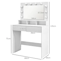 HOMCOM Kaptafel met Verlichte Spiegel, Laden, 3 Lichtopties, 10 Lampen, Hedendaagse Witte Make-uptafel(m-3)