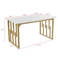 Masă de prânz modernă dreptunghiulară, cu blat din MDF cu model de marmură, 140x80x75 cm, Alb+Auriu(m-3)