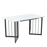 Masă de prânz modernă dreptunghiulară, cu blat din MDF cu efect de marmură și picioare din metal în formă de V, Alb+Negru(m-1)