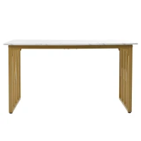 Masă de prânz modernă dreptunghiulară, cu blat din MDF cu model de marmură, 140x80x75 cm, Alb+Auriu(m-8)