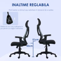 HOMCOM Scaun Ergonomic de Birou Înclinabil cu Suport Lombar, Tetieră și Înălțime Reglabilă, 66x58x115-123 cm, Negru(m-7)