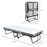 HOMCOM Folding Bed with 10cm Mattress, Portable Foldable Guest Bed with Sturdy Metal Frame on Wheels(m-3)