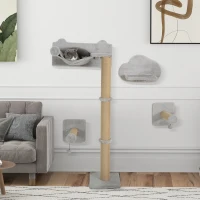 PawHut 4 Piece Cat Shelves w/ Scratching Post, Steps, Jumping Platform, Ladder, Toy Balls, for Indoor Cats, Light Grey(m-10)