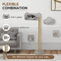 PawHut 4 Piece Cat Shelves w/ Scratching Post, Steps, Jumping Platform, Ladder, Toy Balls, for Indoor Cats, Light Grey(m-5)