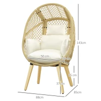Outsunny Poltrona de Exterior de Vime PE com Almofadas Encosto Acolchoado Pés Ajustáveis e Estrutura de Metal 88x85x143 cm Natural e Creme(m-3)