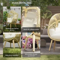 Outsunny Poltrona de Exterior de Vime PE com Almofadas Encosto Acolchoado Pés Ajustáveis e Estrutura de Metal 88x85x143 cm Natural e Creme(m-6)