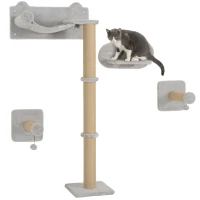 PawHut 4 Piece Cat Shelves w/ Scratching Post, Steps, Jumping Platform, Ladder, Toy Balls, for Indoor Cats, Light Grey(m-1)