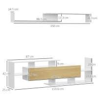 Homcom Mobilier TV 153,6×25×42 cm – Alb cu Rafturi si Dulap Perete(m-3)