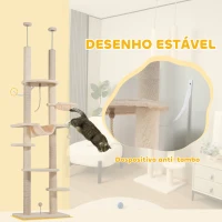PawHut Arranhador para Gatos do Chão ao Teto 225-255 cm com 7 Níveis Rede Plataformas Postes de Arranhar  Bege e Cinza(m-5)