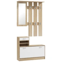 HOMCOM Móvel Cabide de Entrada de 3 Peças Armário de Entrada com Cabide Espelho Sapateira e Gaveta 90x10x102 cm Branco e Madeira(m-1)
