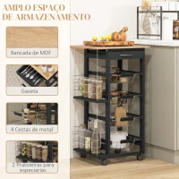 HOMCOM Carrinho de Cozinha com Rodas Carrinho Auxiliar com Gaveta 4 Cestas Amovíveis de Metal e Prateleiras Laterais 47x37x83 cm Preto e Madeira(m-4)