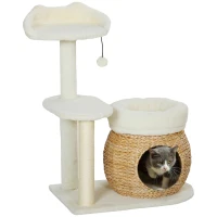 PawHut Krabpaal met Kattenhol, Speelbal en Platform, Riet/Sisal, tot 10 kg, 60 x 40 x 79 cm, Crème wit(m-10)
