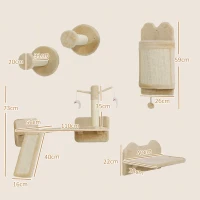 PawHut Prateiras de Parede para Gatos de 4 Peças Arranhador de Parede para Gatos com Postes de Sisal Plataforma de Salto Bege(m-3)