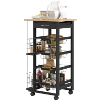 HOMCOM Carrinho de Cozinha com Rodas Carrinho Auxiliar com Gaveta 4 Cestas Amovíveis de Metal e Prateleiras Laterais 47x37x83 cm Preto e Madeira(m-11)