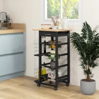 HOMCOM Carrinho de Cozinha com Rodas Carrinho Auxiliar com Gaveta 4 Cestas Amovíveis de Metal e Prateleiras Laterais 47x37x83 cm Preto e Madeira(m-2)