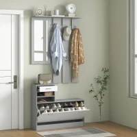 HOMCOM Móvel Cabide de Entrada de 3 Peças Armário de Entrada com Cabide Espelho Sapateira e Gaveta 90x10x102 cm Branco e Cinza(m-2)