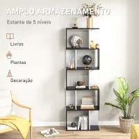 HOMCOM Estante para Livros Estante Alta de Parede com 5 Níveis em Forma de S Desenho Moderno 60x24x184,5 cm Branco e Preto(m-5)