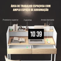 HOMCOM Secretária Moderna Mesa de Escritório com 2 Gavetas e Prateleira Mesa de Estudo 106x51,5x102,5 cm Branco e Carvalho(m-4)
