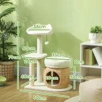 PawHut Krabpaal met Kattenhol, Speelbal en Platform, Riet/Sisal, tot 10 kg, 60 x 40 x 79 cm, Crème wit(m-3)